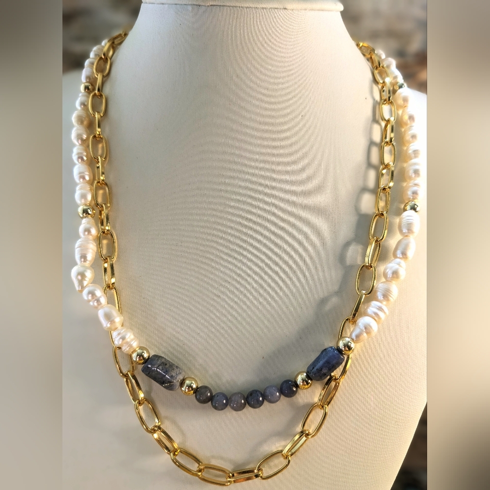 Natural Tanzanite & Freshwater Pearls In 2- Strand Paperclip Necklace & Bracelet